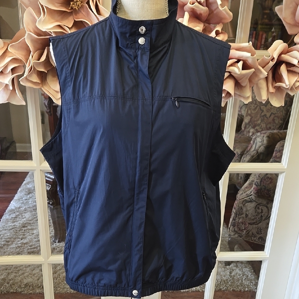 LIZGOLF Navy Sleeveless Jacket Zip Front 3 Zipper Pockets Elastic Hem Large EUC